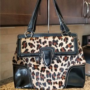 Genuine Calf Hair Leopard Print Talbots Patent Leather Look Purse Satchel